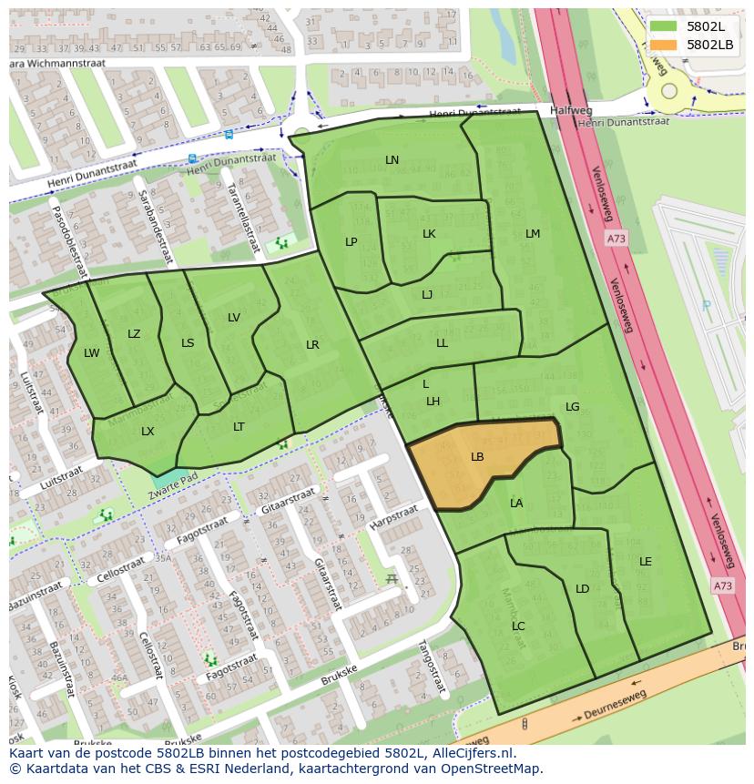 Afbeelding van het postcodegebied 5802 LB op de kaart.