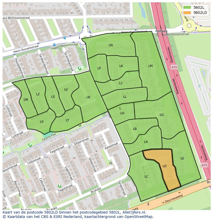 Afbeelding van het postcodegebied 5802 LD op de kaart.