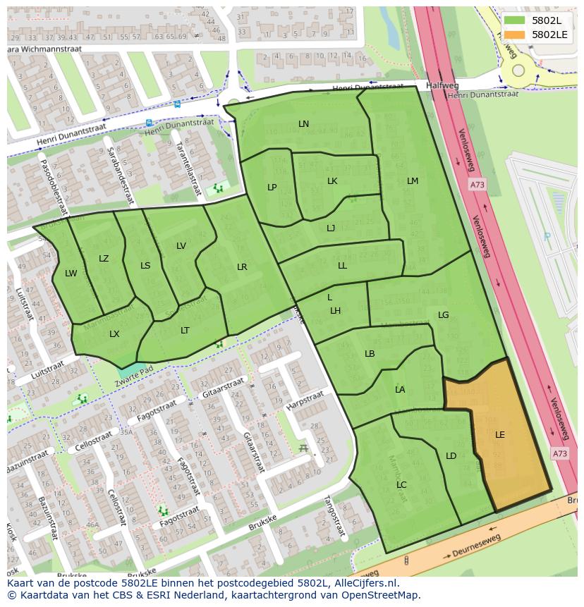Afbeelding van het postcodegebied 5802 LE op de kaart.