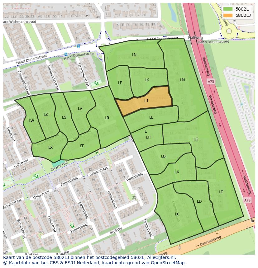 Afbeelding van het postcodegebied 5802 LJ op de kaart.