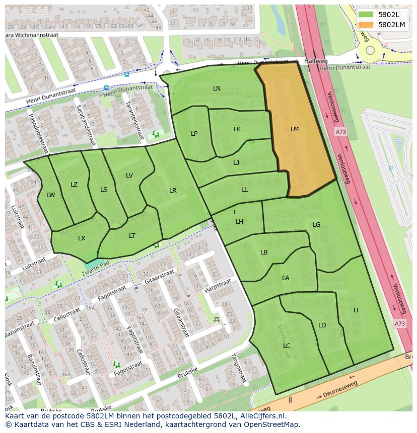 Afbeelding van het postcodegebied 5802 LM op de kaart.