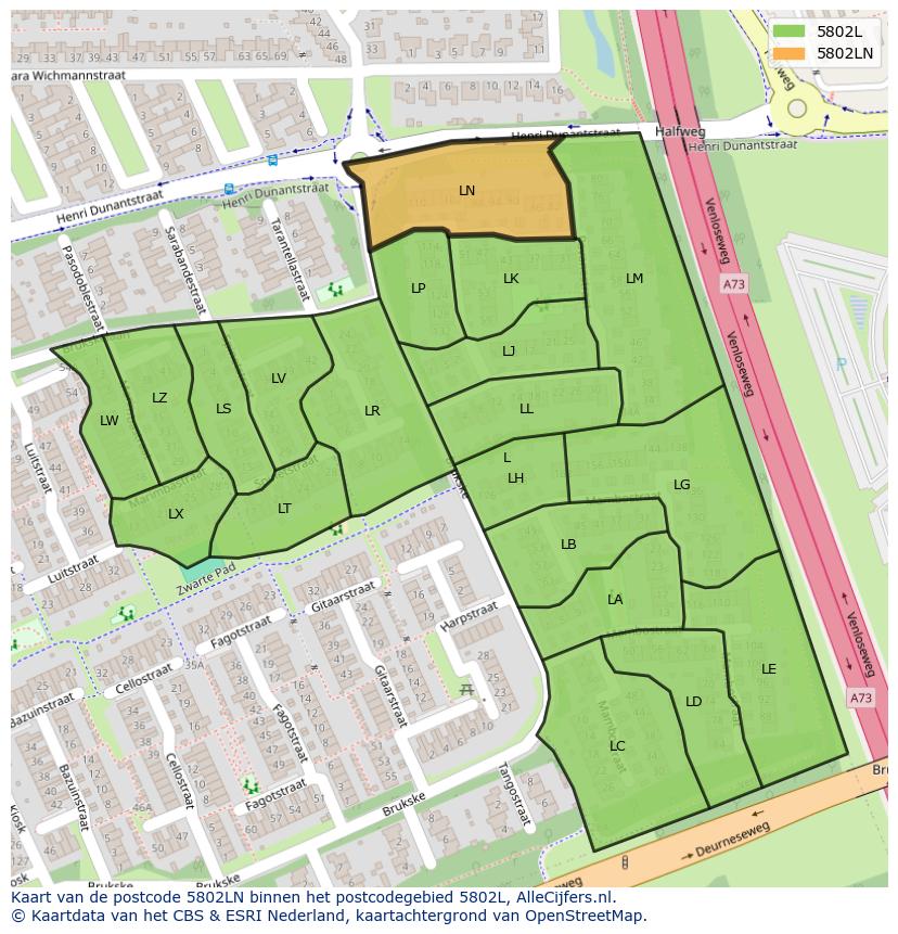 Afbeelding van het postcodegebied 5802 LN op de kaart.
