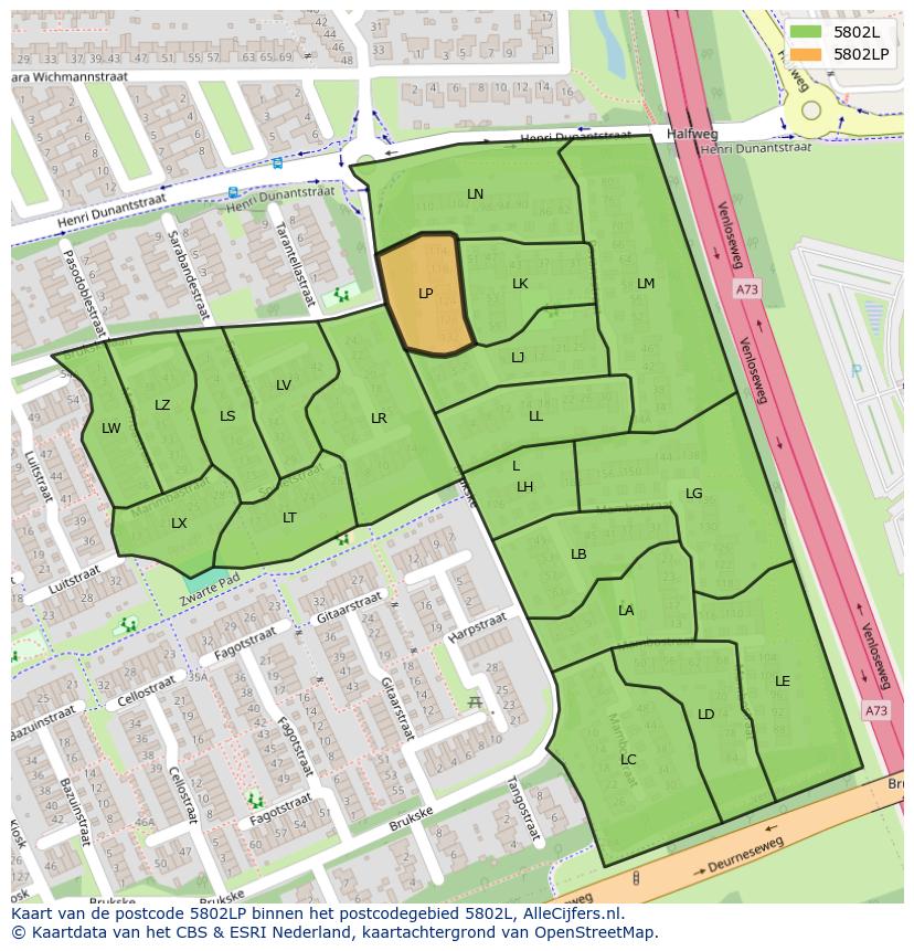 Afbeelding van het postcodegebied 5802 LP op de kaart.