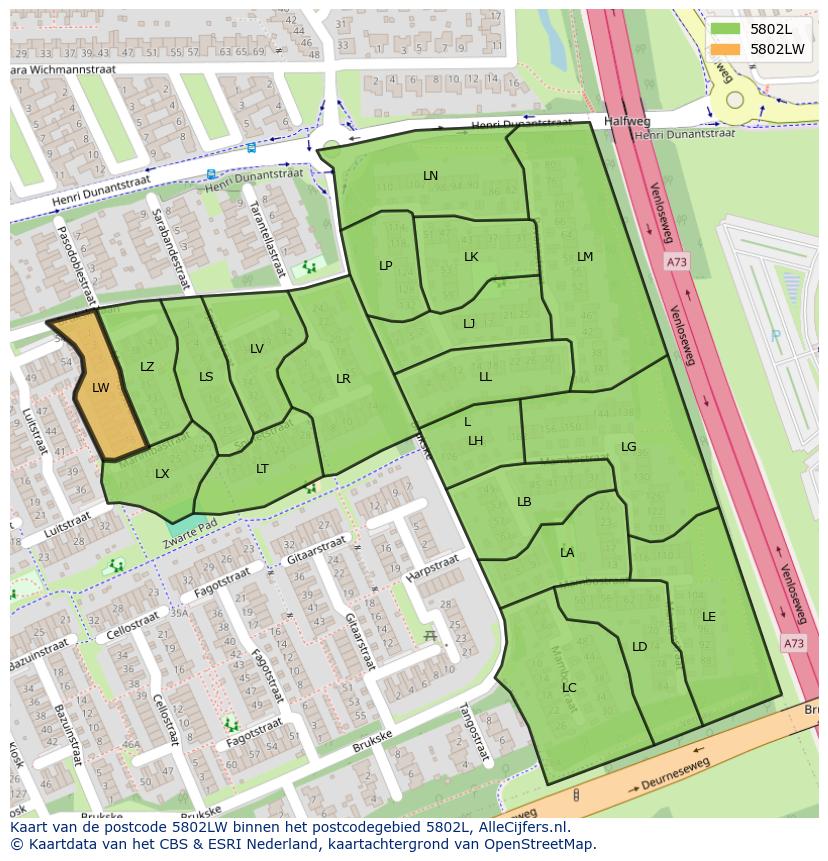 Afbeelding van het postcodegebied 5802 LW op de kaart.