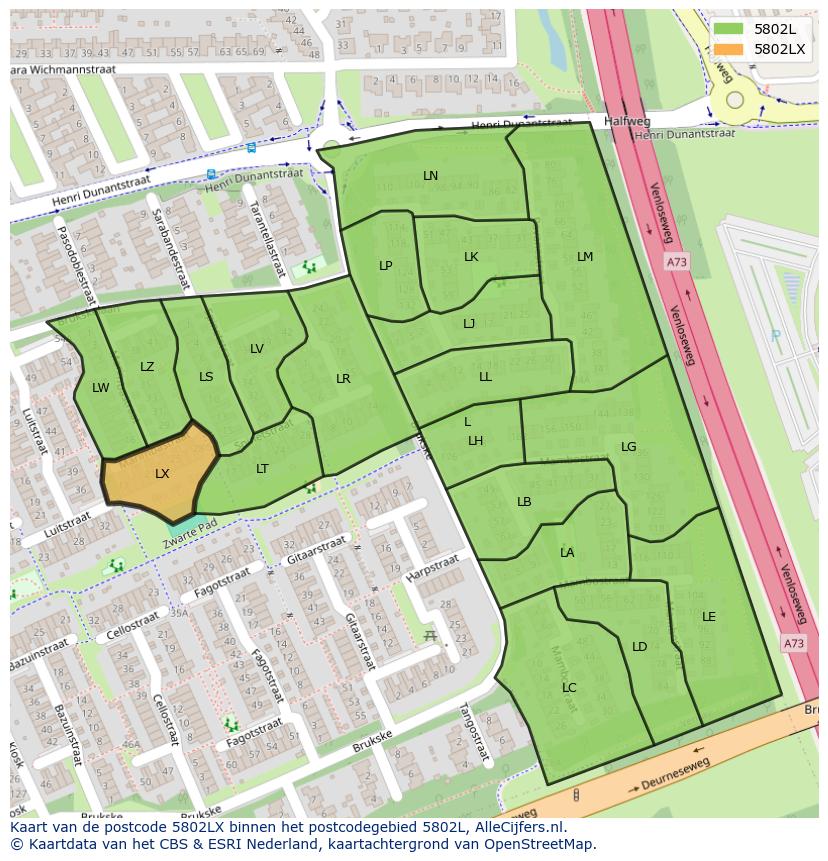 Afbeelding van het postcodegebied 5802 LX op de kaart.