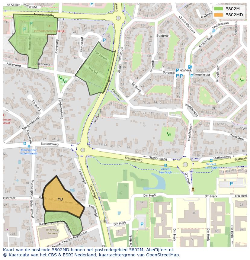 Afbeelding van het postcodegebied 5802 MD op de kaart.