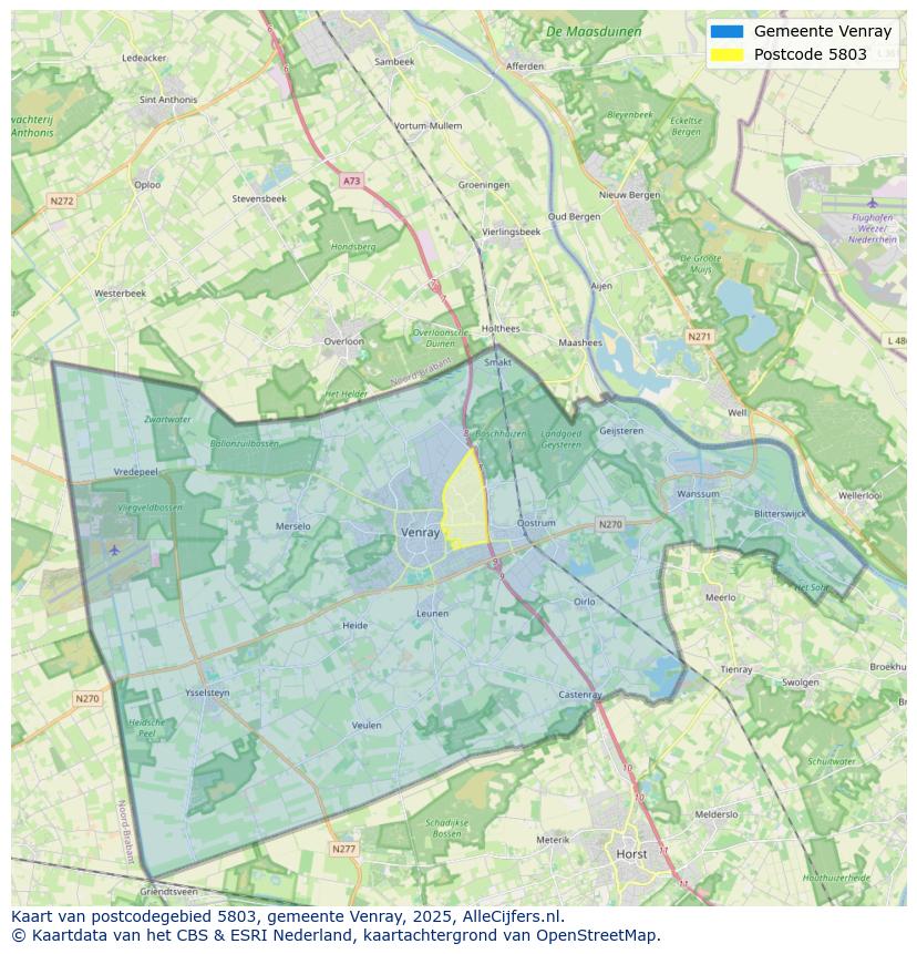 Afbeelding van het postcodegebied 5803 op de kaart.