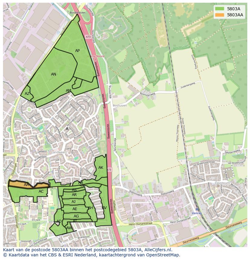 Afbeelding van het postcodegebied 5803 AA op de kaart.