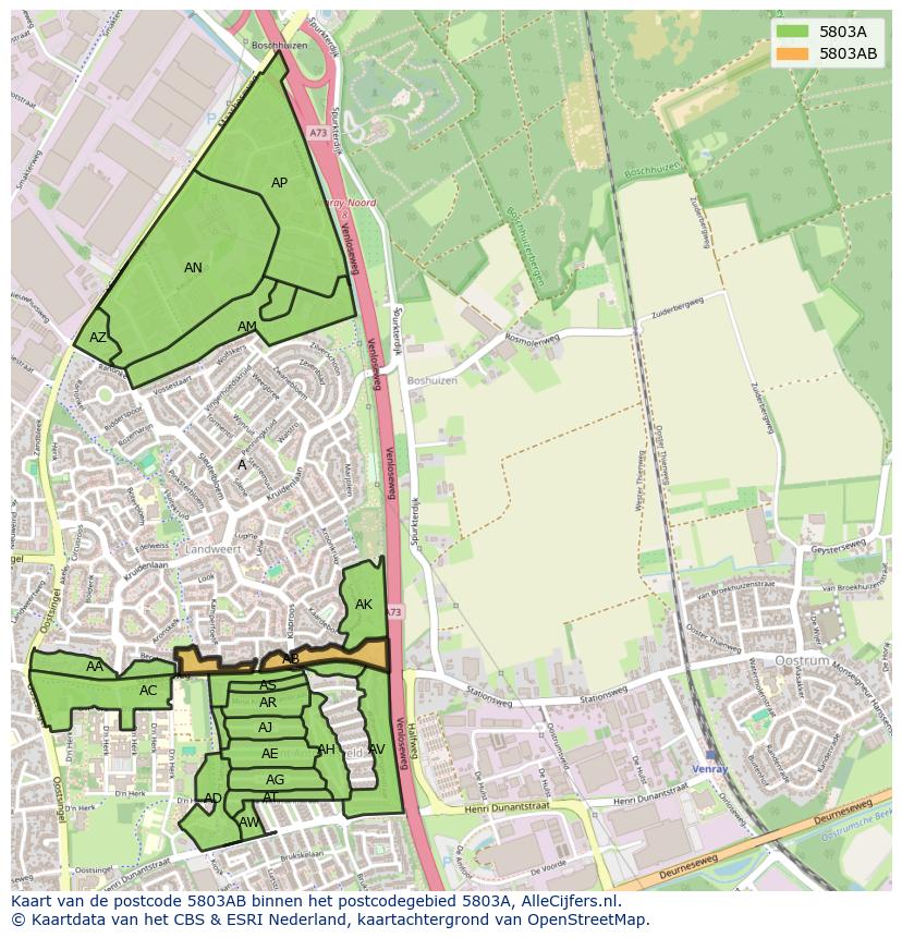 Afbeelding van het postcodegebied 5803 AB op de kaart.