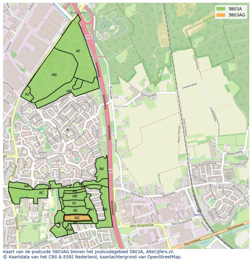 Afbeelding van het postcodegebied 5803 AG op de kaart.