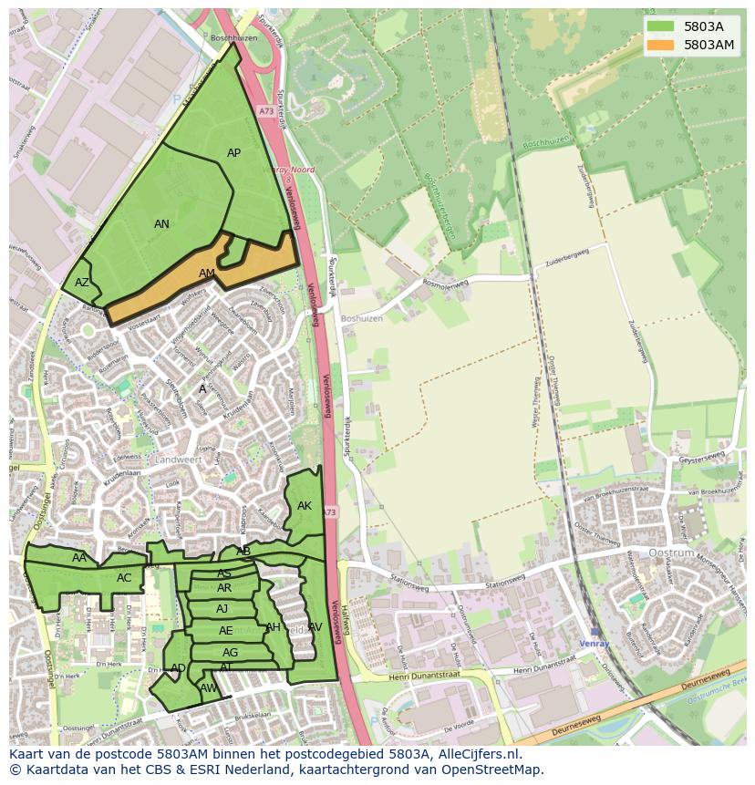 Afbeelding van het postcodegebied 5803 AM op de kaart.