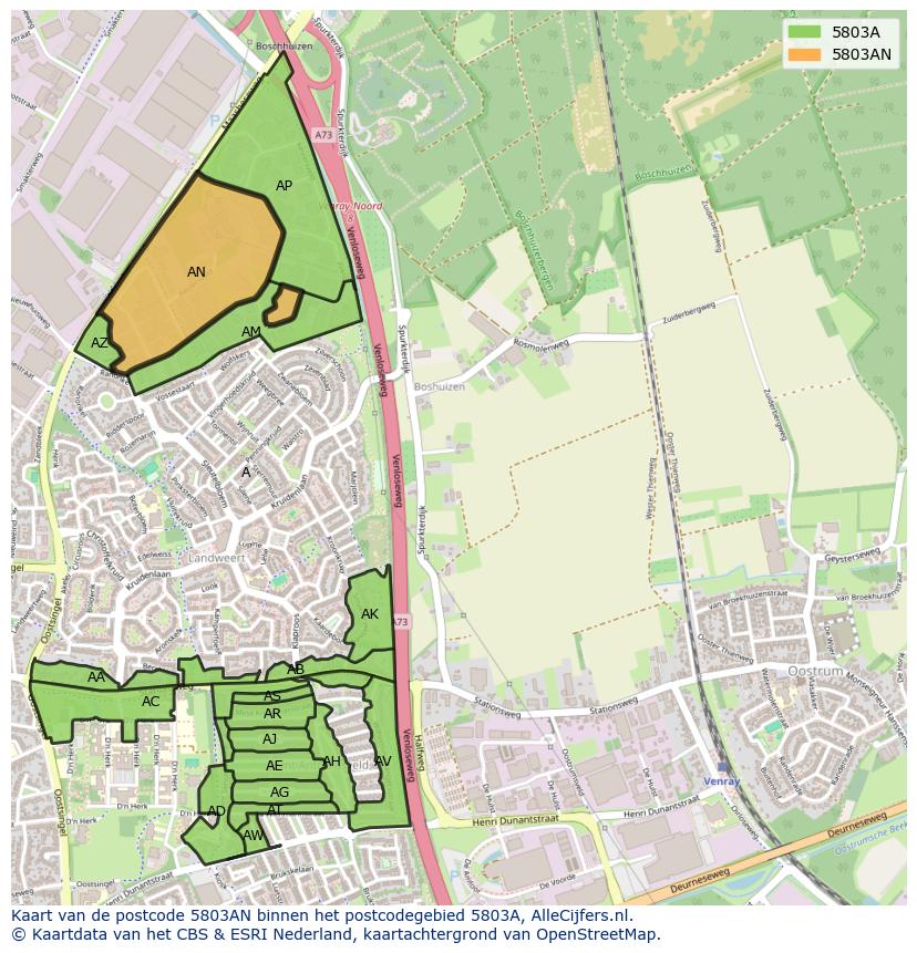 Afbeelding van het postcodegebied 5803 AN op de kaart.
