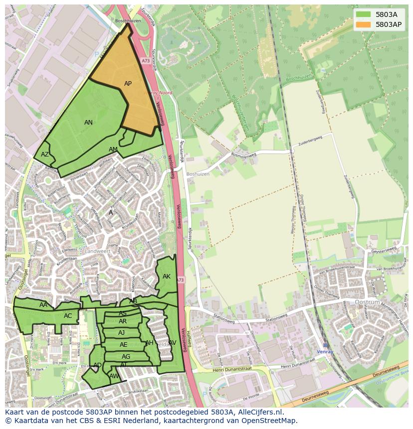Afbeelding van het postcodegebied 5803 AP op de kaart.