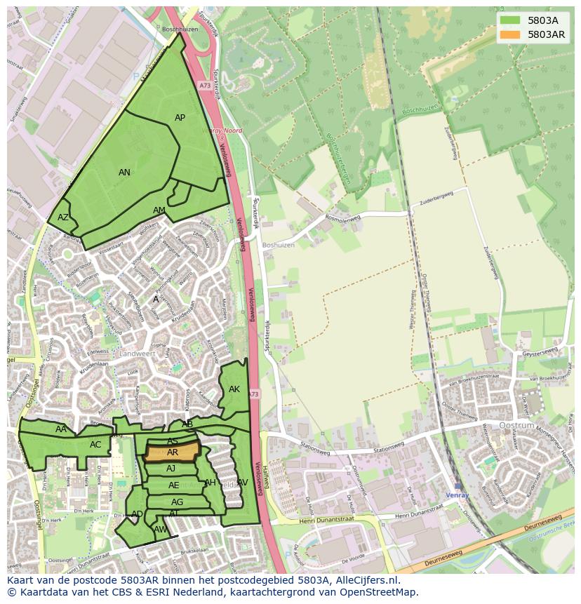 Afbeelding van het postcodegebied 5803 AR op de kaart.