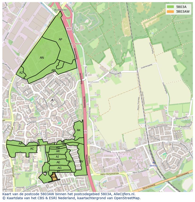 Afbeelding van het postcodegebied 5803 AW op de kaart.