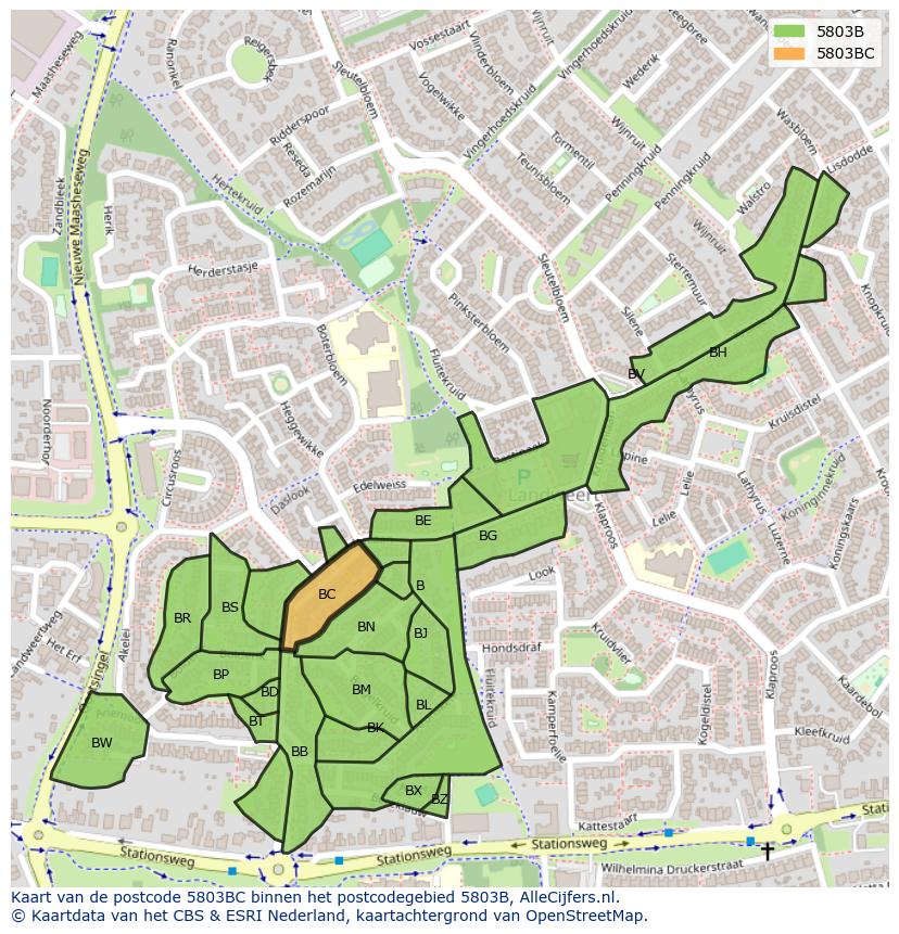 Afbeelding van het postcodegebied 5803 BC op de kaart.