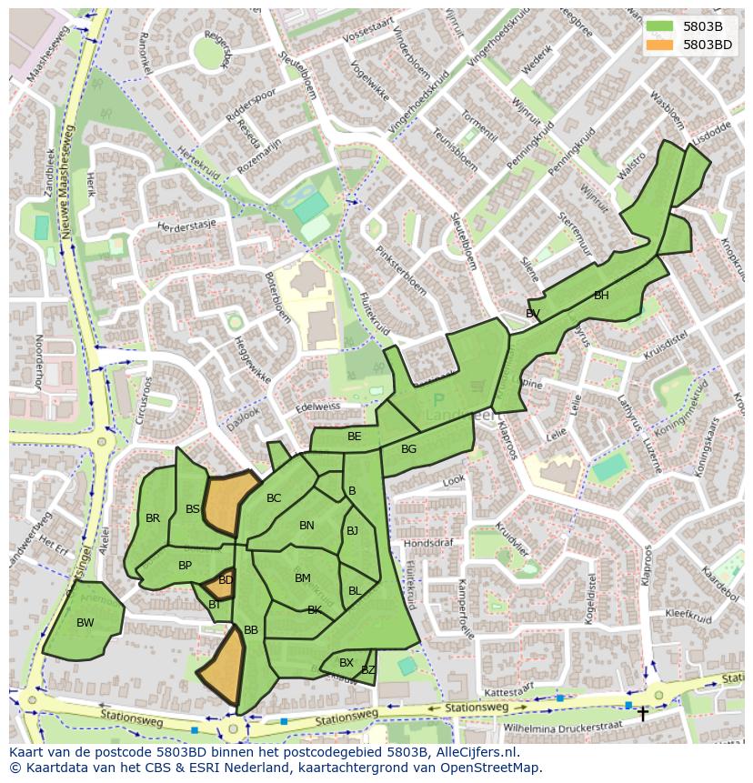 Afbeelding van het postcodegebied 5803 BD op de kaart.