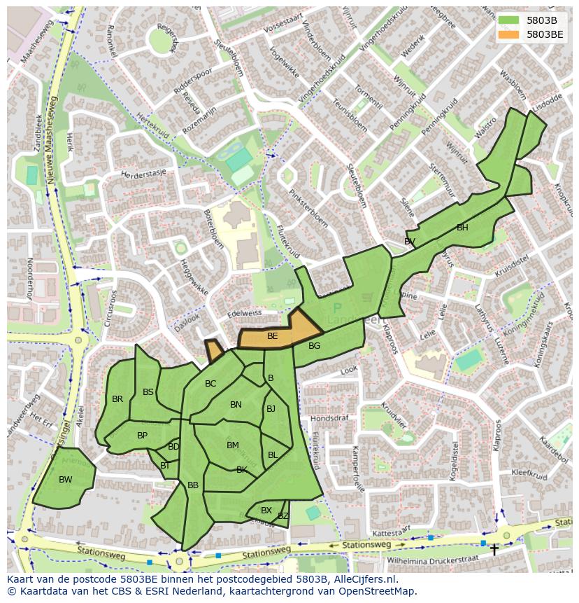 Afbeelding van het postcodegebied 5803 BE op de kaart.