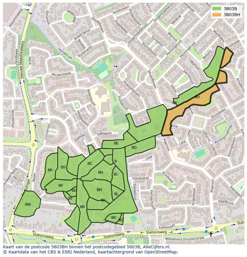 Afbeelding van het postcodegebied 5803 BH op de kaart.