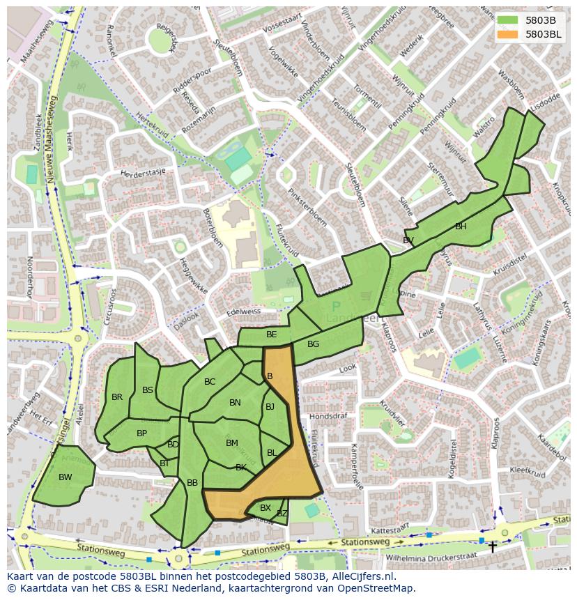 Afbeelding van het postcodegebied 5803 BL op de kaart.