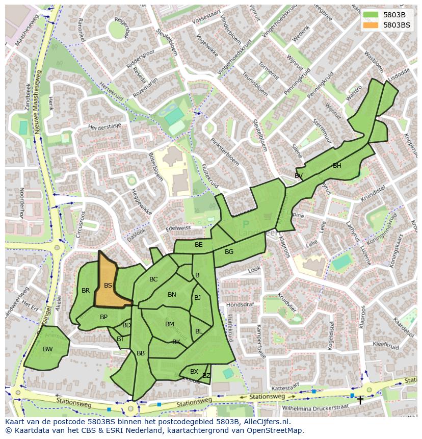 Afbeelding van het postcodegebied 5803 BS op de kaart.