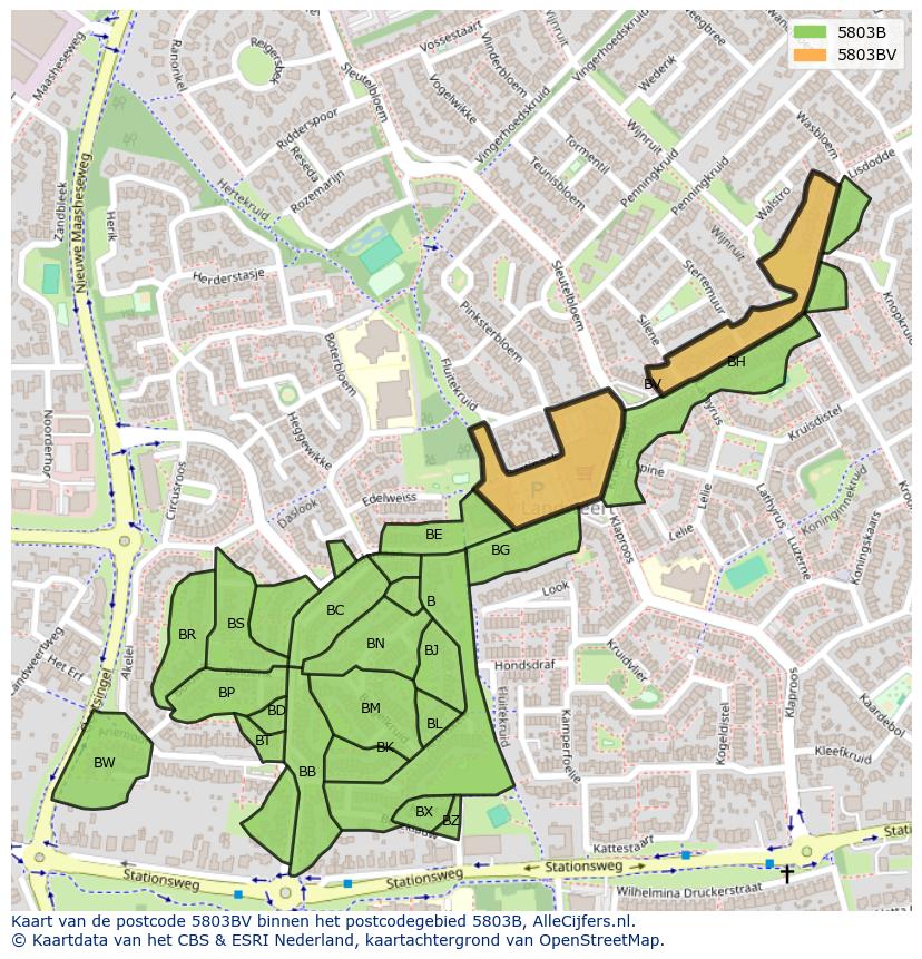 Afbeelding van het postcodegebied 5803 BV op de kaart.