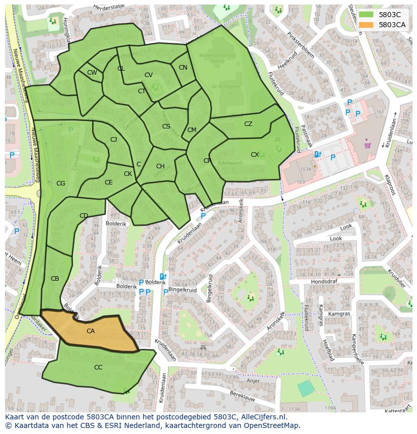 Afbeelding van het postcodegebied 5803 CA op de kaart.