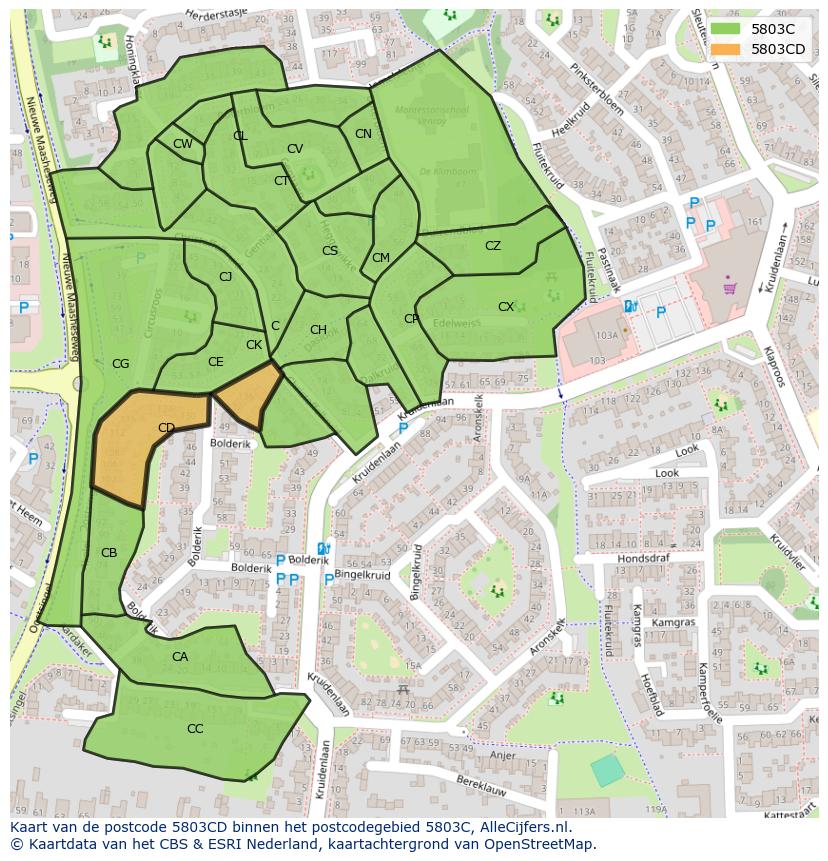 Afbeelding van het postcodegebied 5803 CD op de kaart.