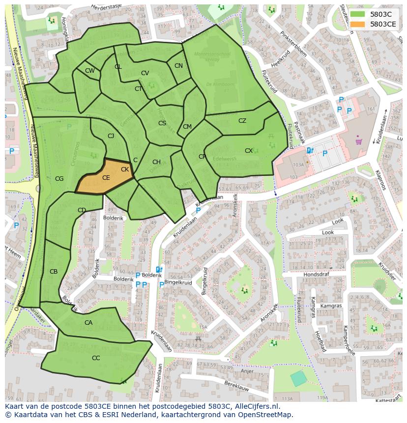 Afbeelding van het postcodegebied 5803 CE op de kaart.