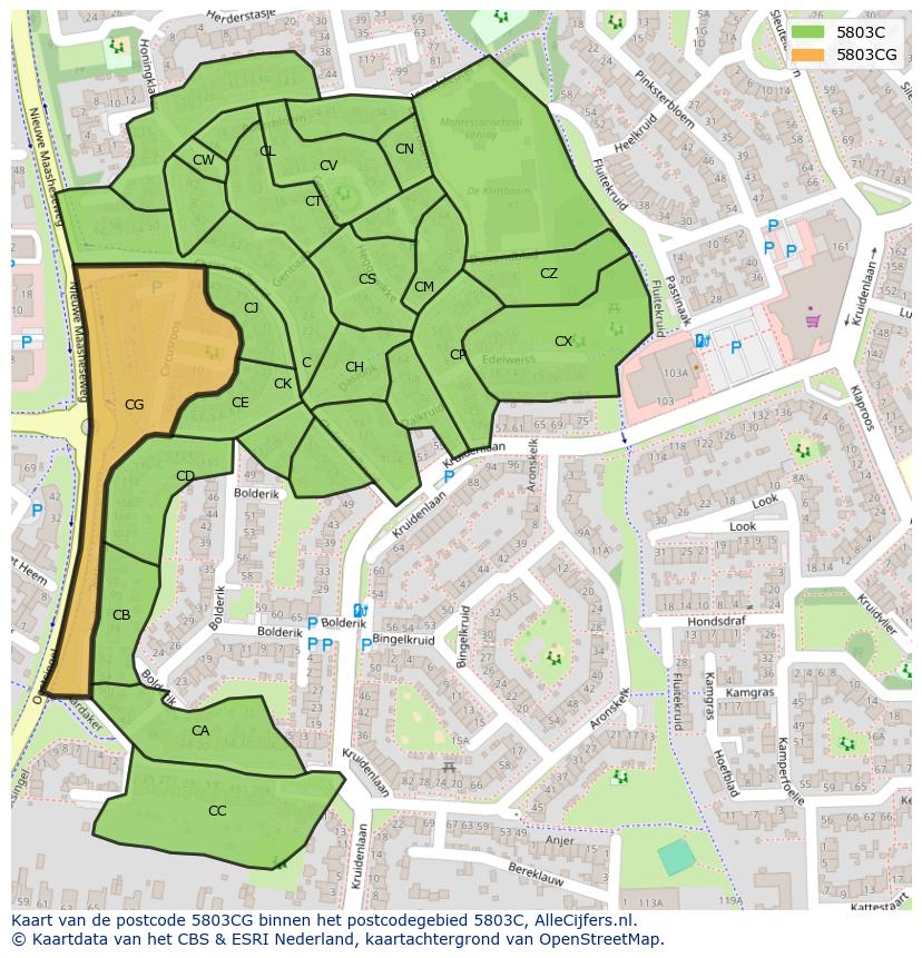 Afbeelding van het postcodegebied 5803 CG op de kaart.