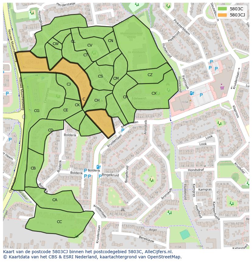 Afbeelding van het postcodegebied 5803 CJ op de kaart.
