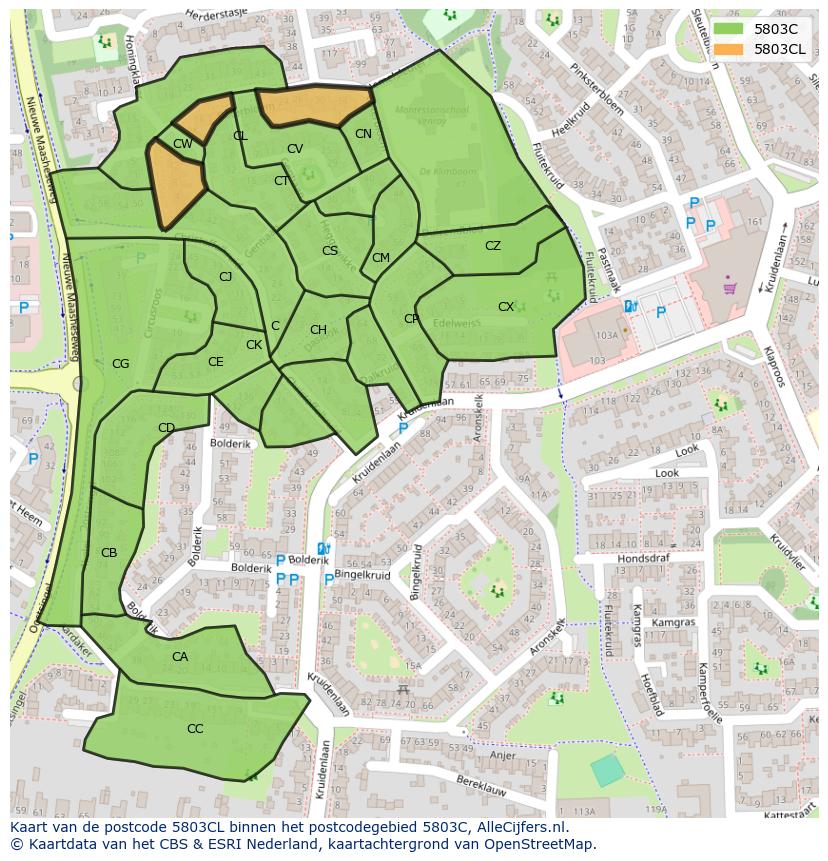 Afbeelding van het postcodegebied 5803 CL op de kaart.