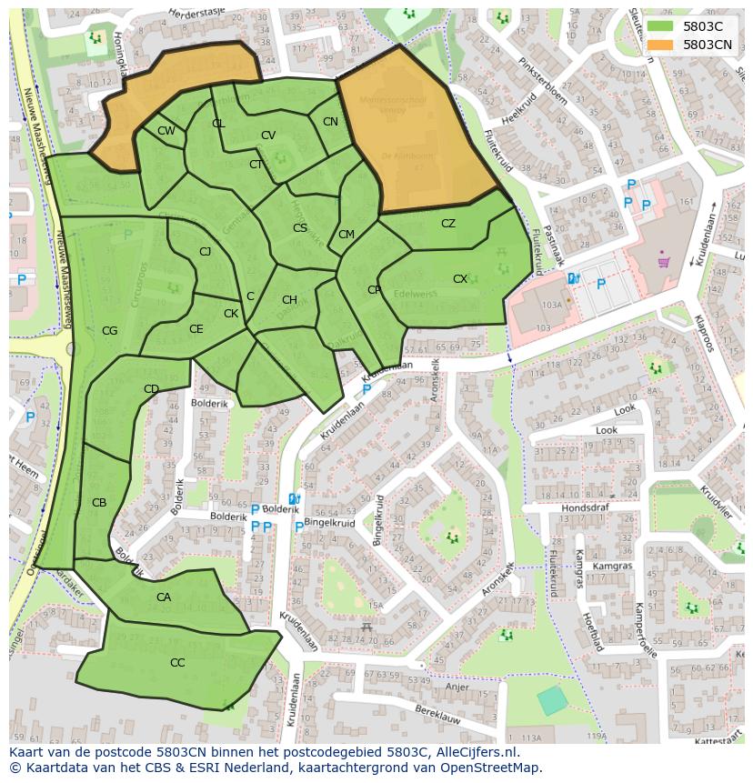 Afbeelding van het postcodegebied 5803 CN op de kaart.