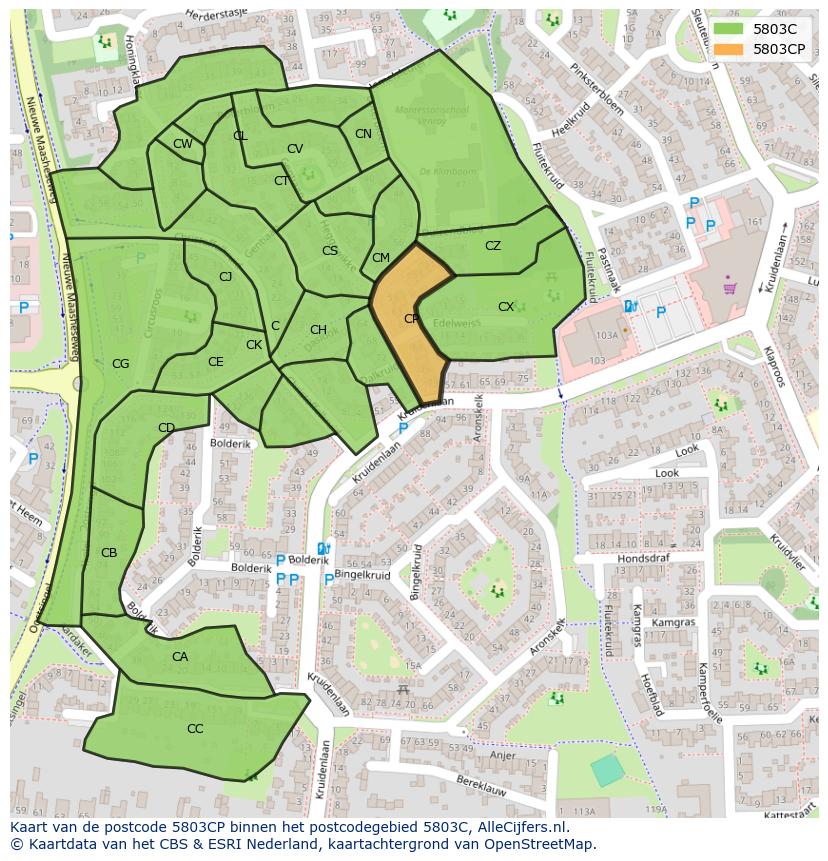 Afbeelding van het postcodegebied 5803 CP op de kaart.