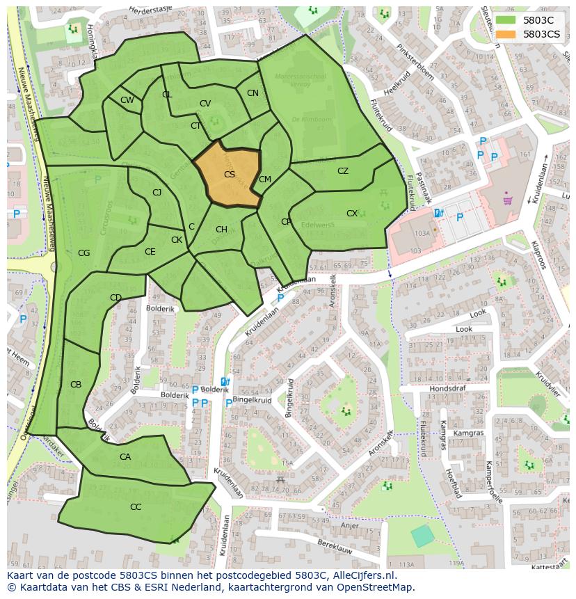 Afbeelding van het postcodegebied 5803 CS op de kaart.