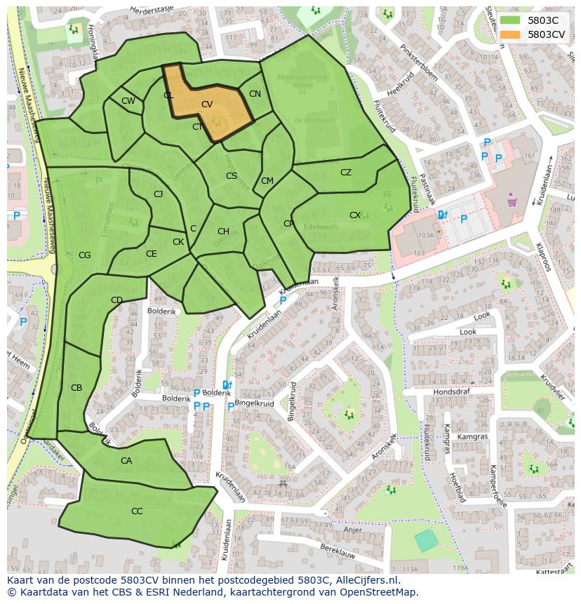 Afbeelding van het postcodegebied 5803 CV op de kaart.