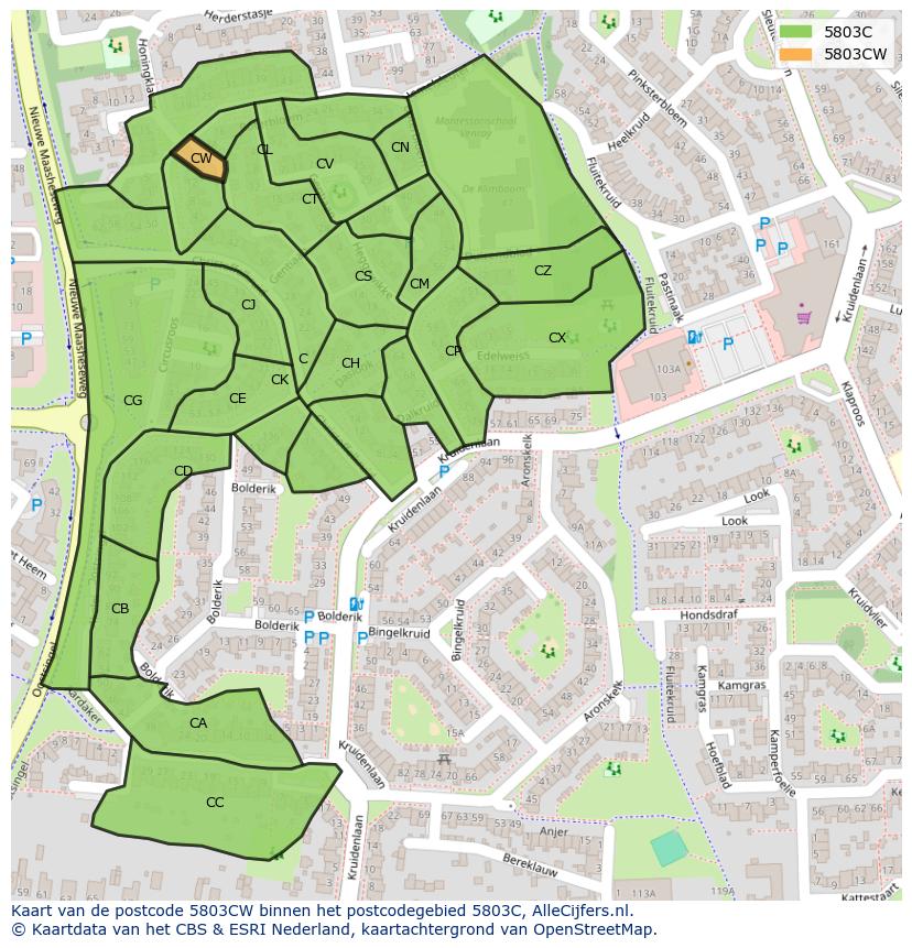 Afbeelding van het postcodegebied 5803 CW op de kaart.