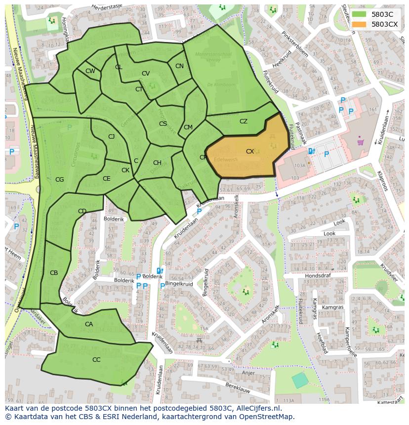 Afbeelding van het postcodegebied 5803 CX op de kaart.