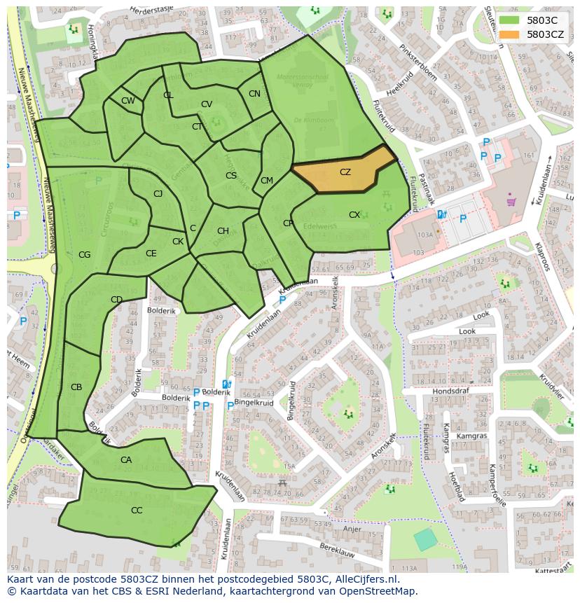 Afbeelding van het postcodegebied 5803 CZ op de kaart.