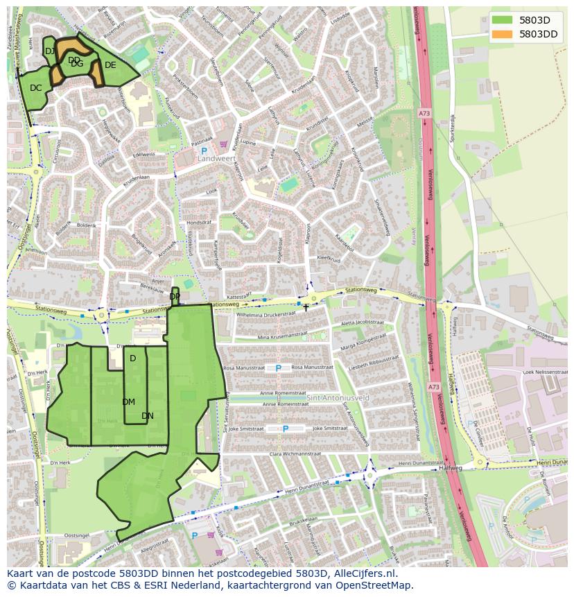 Afbeelding van het postcodegebied 5803 DD op de kaart.