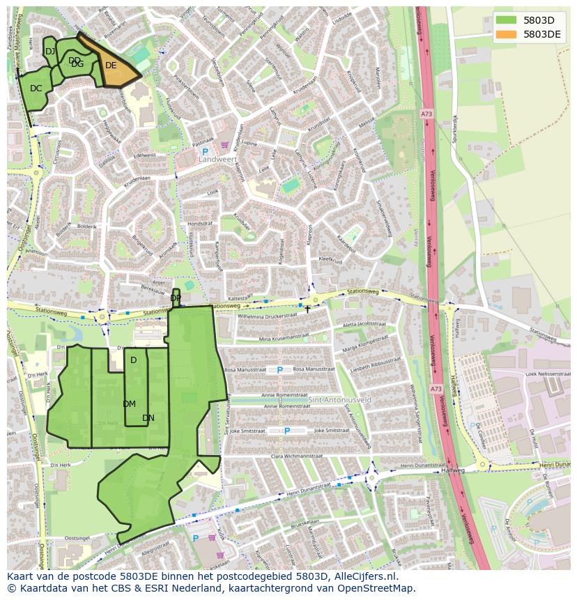 Afbeelding van het postcodegebied 5803 DE op de kaart.