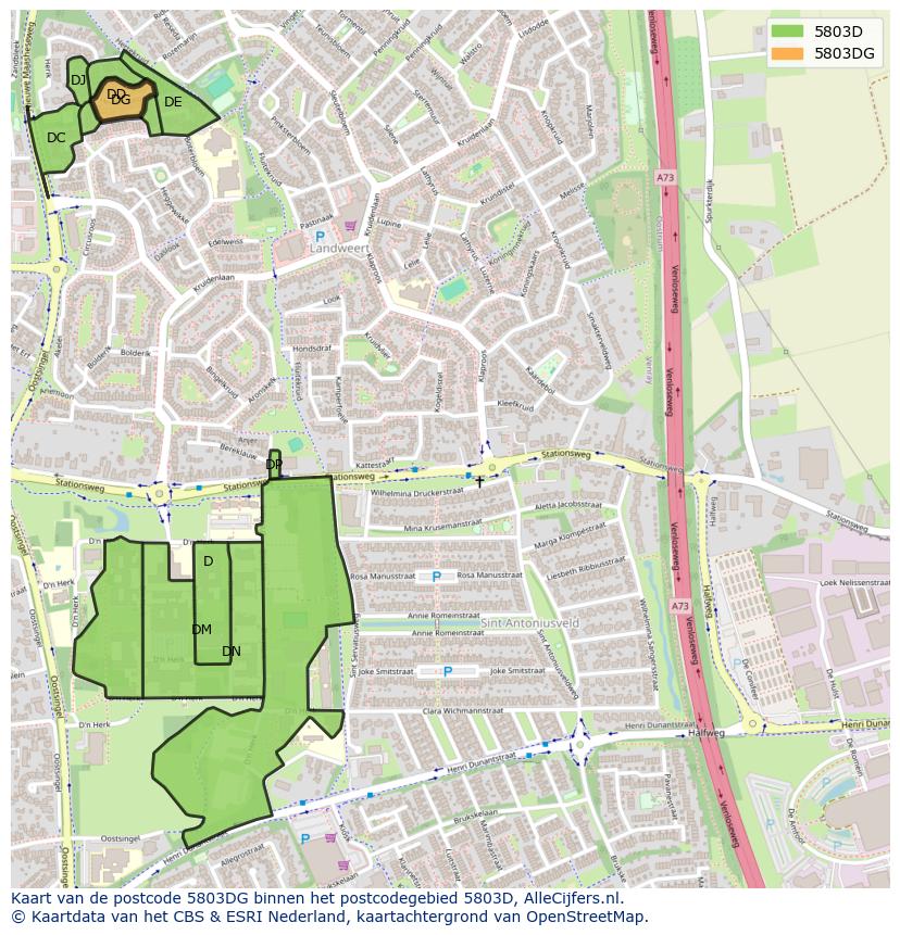 Afbeelding van het postcodegebied 5803 DG op de kaart.