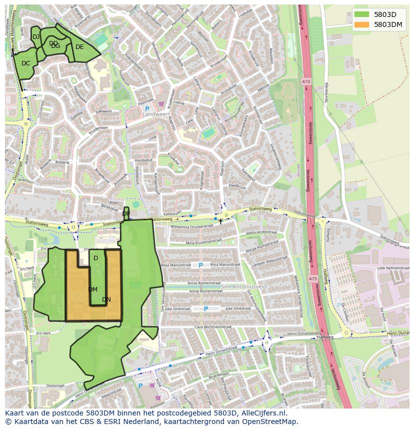 Afbeelding van het postcodegebied 5803 DM op de kaart.
