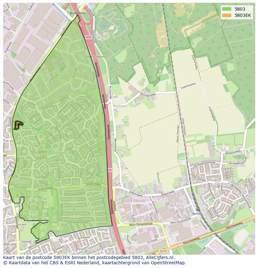 Afbeelding van het postcodegebied 5803 EK op de kaart.