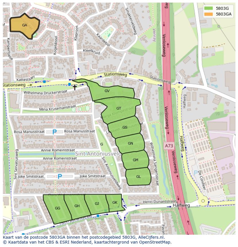 Afbeelding van het postcodegebied 5803 GA op de kaart.