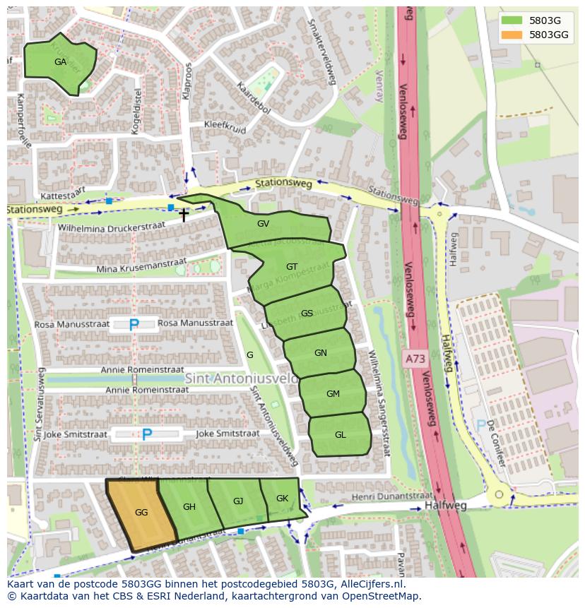 Afbeelding van het postcodegebied 5803 GG op de kaart.