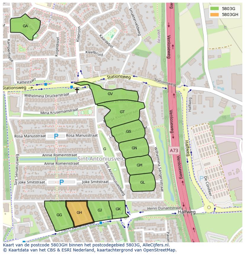 Afbeelding van het postcodegebied 5803 GH op de kaart.