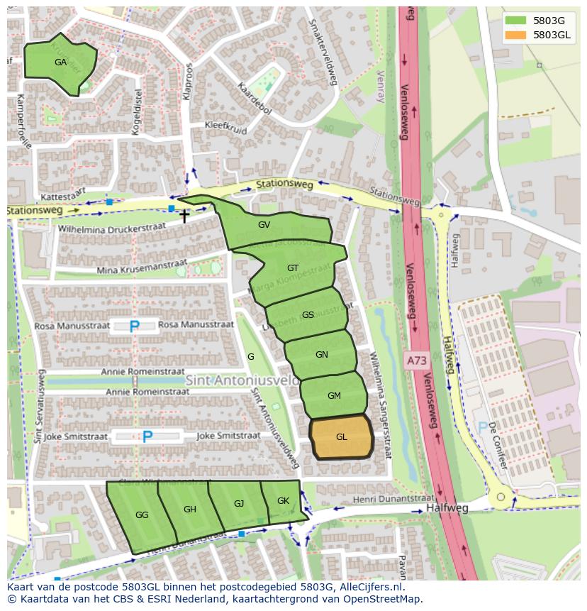 Afbeelding van het postcodegebied 5803 GL op de kaart.