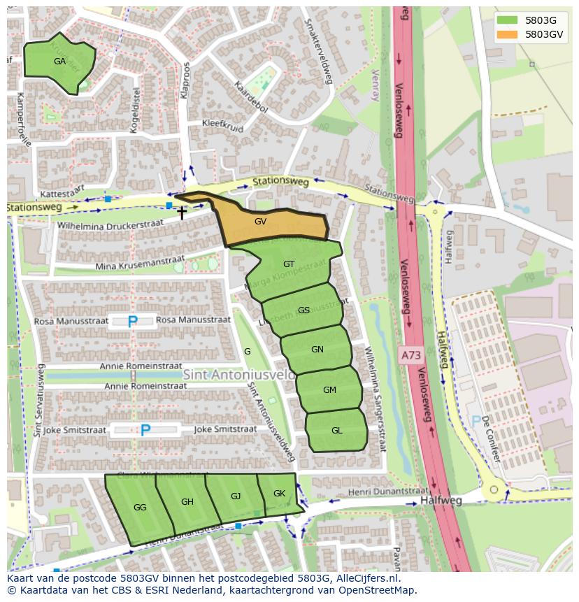 Afbeelding van het postcodegebied 5803 GV op de kaart.