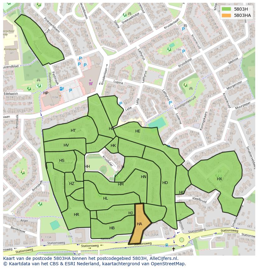 Afbeelding van het postcodegebied 5803 HA op de kaart.